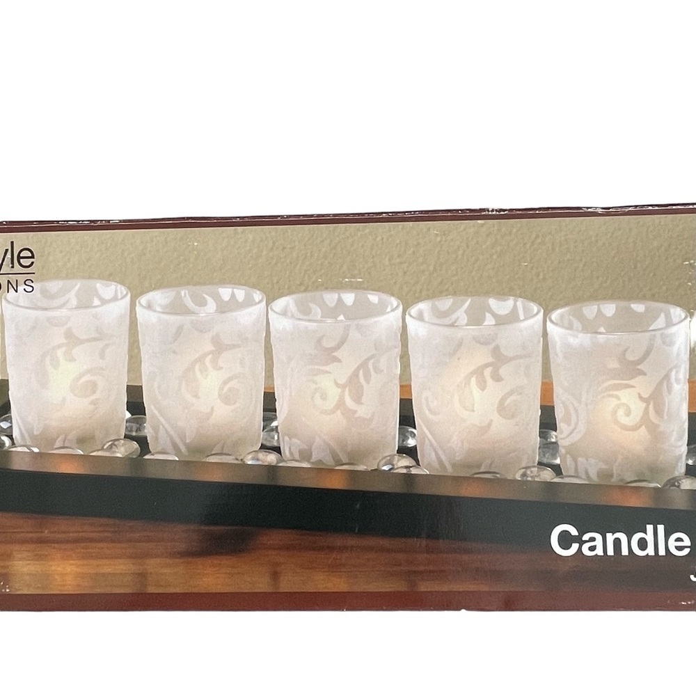 Home Style Illuminations Candle Garden Wood Base 5 Piece Glass Candle Holder Gem